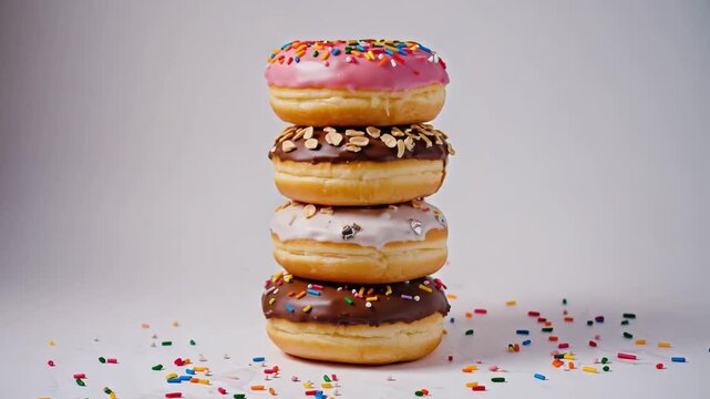 A stack of donuts with different frostings sits on a white surface scattered with small colorful sprinkles.