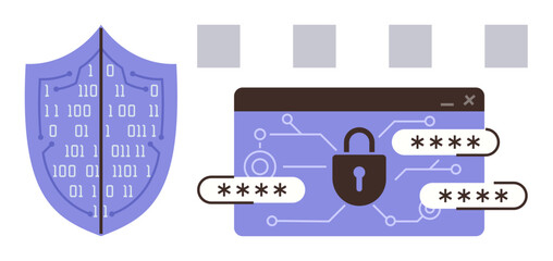 Shield filled with binary code and lock on browser window with encrypted passwords. Ideal for cybersecurity, data protection, encryption, privacy, internet security, authentication, simple flat
