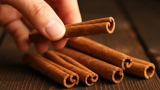 Hand holding a cinnamon stick above several other cinnamon sticks on a wooden surface