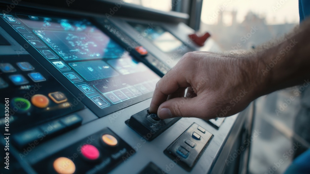 Poster closeup of a technicians hand operating the mixing controls of a concrete mixer showcasing the manua