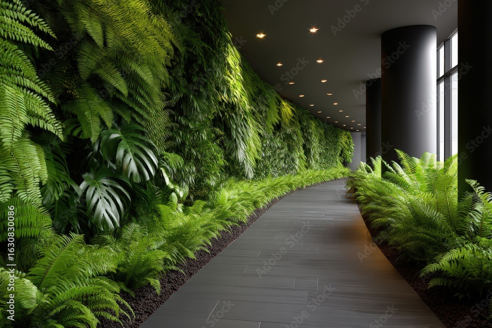 Poster lush greenery enveloping a modern pathway surrounded by diverse plant life creating a tranquil oasis