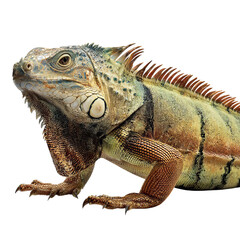 Fototapeta premium Png of A vibrant green iguana perched in a dynamic pose, showcasing its distinctive features and colorful scales.