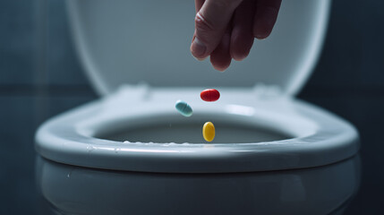 Rejecting medication concept &ndash; hand throwing pills into toilet bowl, symbolic healthcare decision