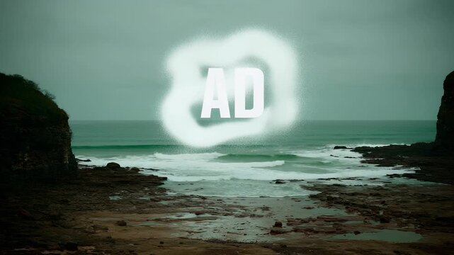 3D animation shows white water splashes surrounding AD text above rocky ocean coast
