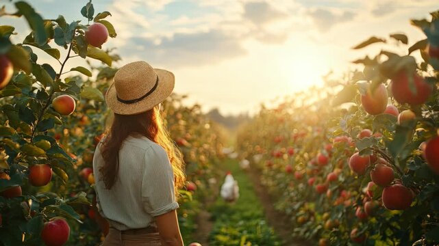 Woman in Orchard at Sunset with Ripe Apples