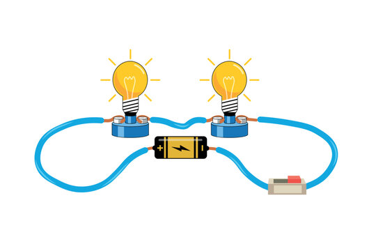 Series and parallel electrical circuits. Parallel circuit, Series circuit, basic electric circuits experiment vector. Kirchhoff voltage law. series and parallel circuits with Batter and light bulb