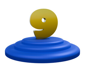 3D rendering of a golden number 9 standing on a blue podium. Stylized in a modern cartoon look with a transparent background. Perfect for rankings, countdowns, leaderboard, or educational visuals.
