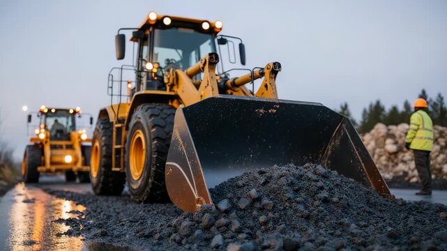Construction site featuring a yellow wheel loader moving rocks on a wet road surface