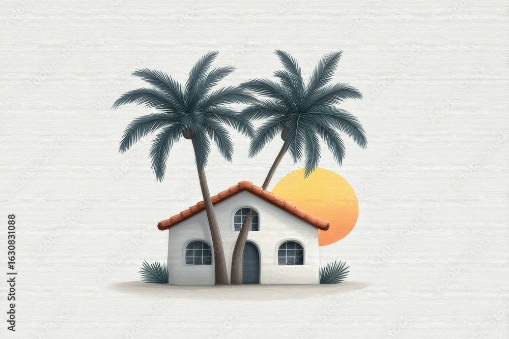 Aufkleber a serene tropical house nestled between swaying palm trees illuminated by a warm sunset backdrop cre