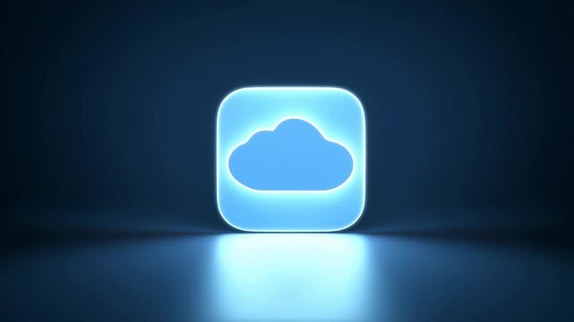 3D blue glowing app icon with cloud symbol illuminates on dark reflective background