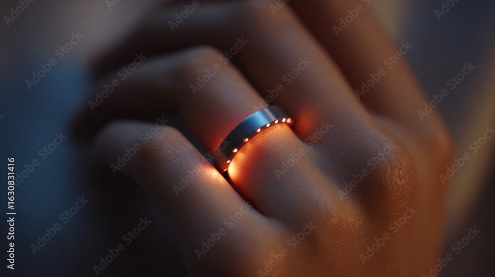 Poster medium shot of a smart ring worn on a womans finger cycle phases illuminated subtly while the backgr