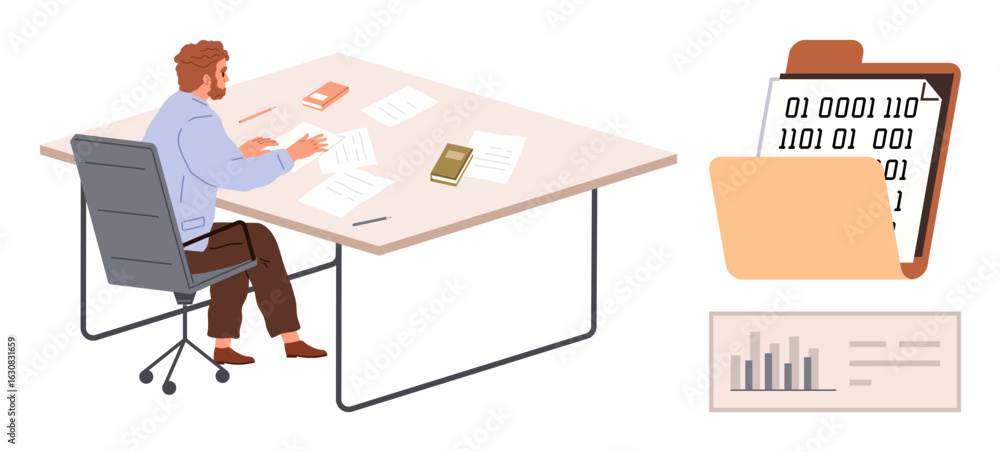 Poster man reviewing paperwork at desk with books, pen, charts, and folder containing binary data. ideal fo
