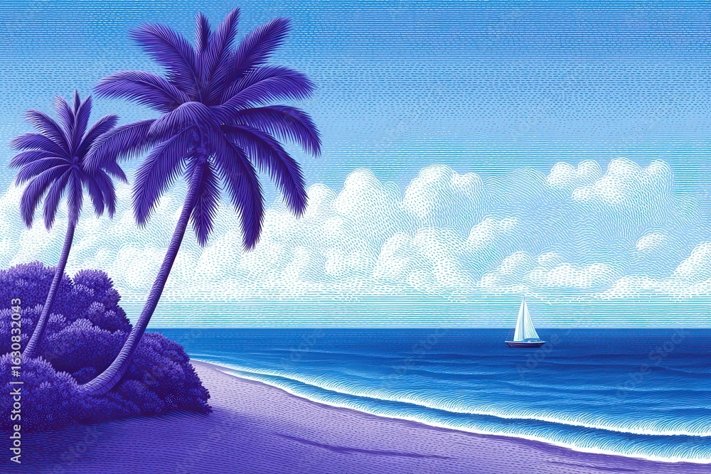 Poster serenity captured through tranquil seascape showcasing palm trees and gentle waves complemented by a
