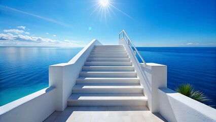 Fototapeta premium White Stairway Leading to the Ocean Under a Bright Blue Sky and Sun