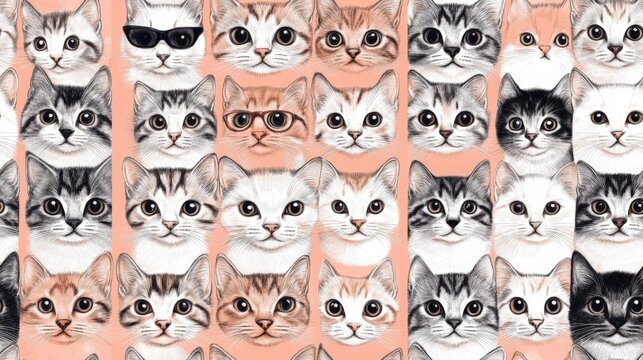 A pattern of cats with their eyes closed and one wearing sunglasses