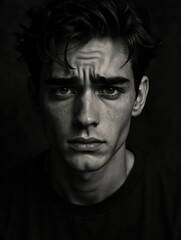 Fototapeta premium Black and White Portrait of Young Man with Intense Expression and Freckles in Studio Lighting