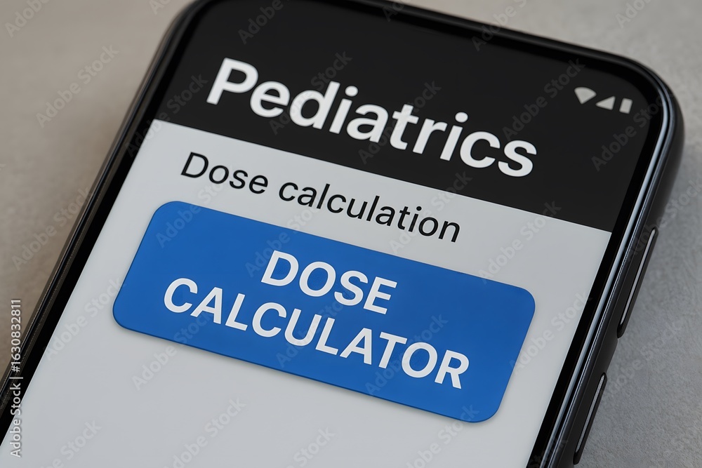 Poster smartphone with pediatrics app displaying dose calculation.