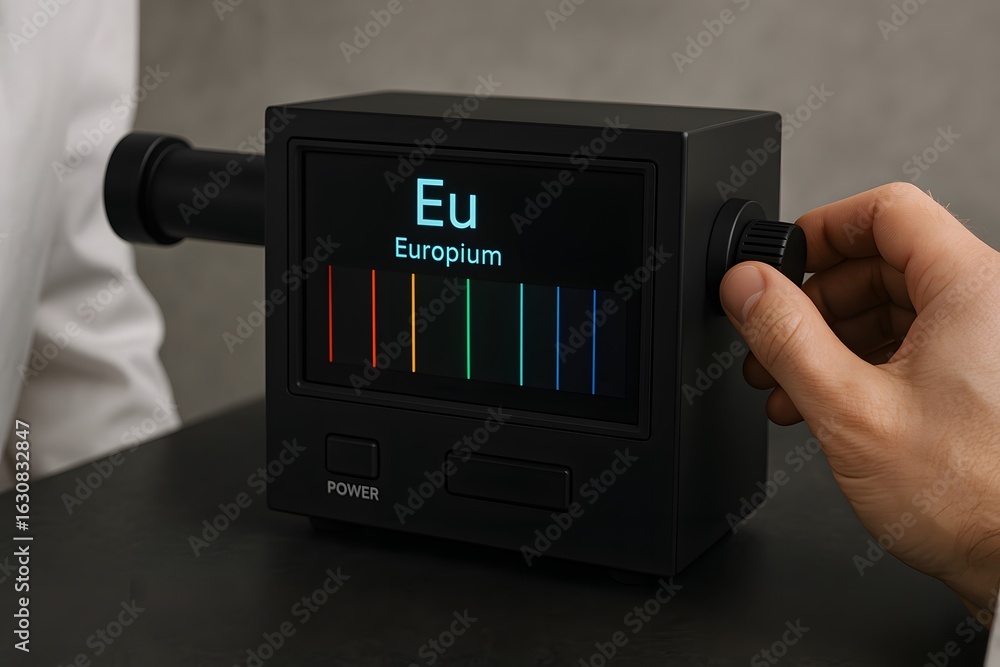 Poster a scientist using a spectrometer in a modern laboratory.