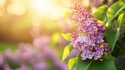 A cluster of light purple lilac flowers with unopened buds and lush green leaves, illuminated by warm sunlight with a softly blurred background of additional lilac blooms