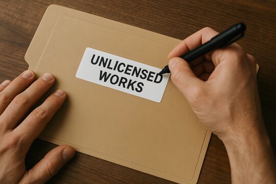 Close-up view of a hand signing on the envelope that contains unlicensed works label. 