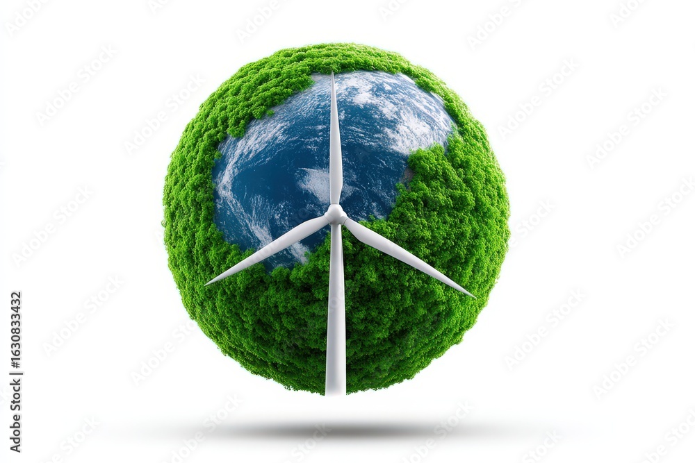 Aufkleber captivating representation of a globe covered in lush greenery with a wind turbine symbolizing renew