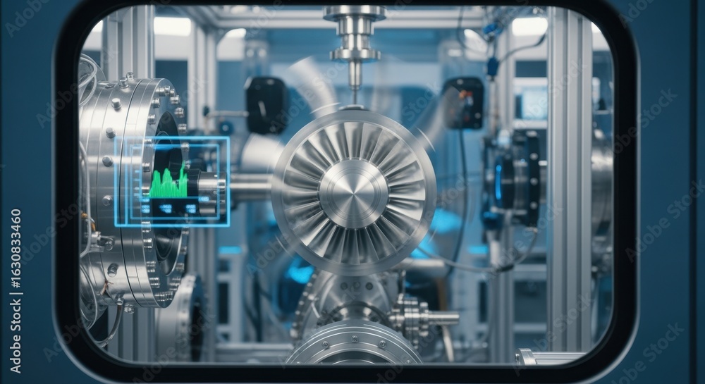 Poster view through a chamber window at a hydrogen turbine blade performing highspeed rotations under contr
