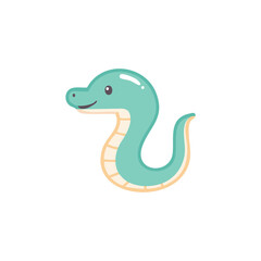 A cute, smiling eel in a cartoon style. The snake has a turquoise body with a cream-colored underbelly