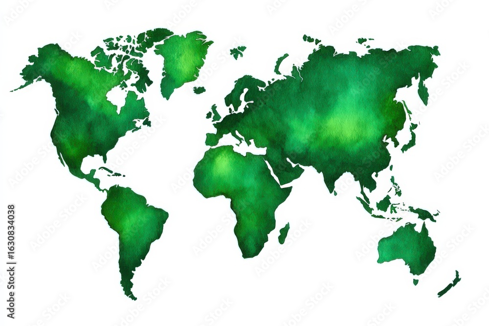 Poster a watercolor representation of a world map highlighting the interconnectedness of global ecosystems 