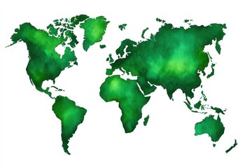 A watercolor representation of a world map highlighting the interconnectedness of global ecosystems through vivid shades of green symbolizing nature's resilience and the importance of
