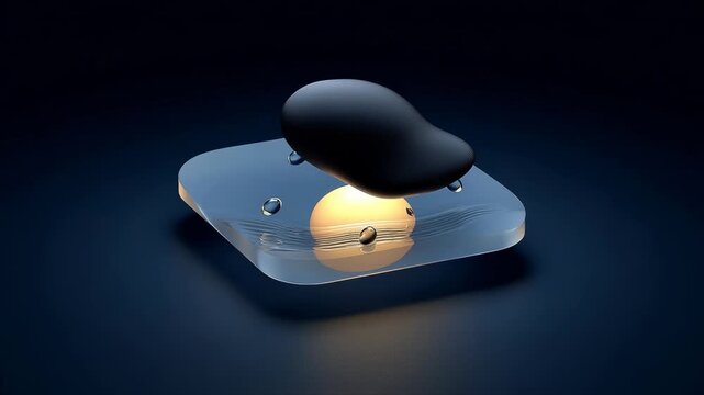 3D app icon with dark matte cloud floating above transparent glass base with glowing light and liquid droplets on dark background