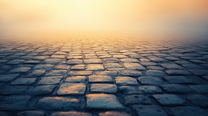 Wet cobblestone ground fading into fog with a subtle warm glow at the horizon, minimal but emotionally intense scene for storytelling backgrounds