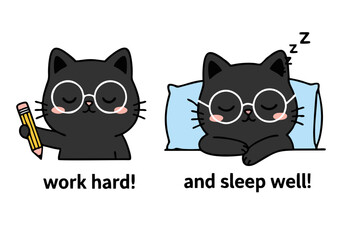 Adorable Cartoon Black Cat with Glasses Pencil and Sleeping Pose.