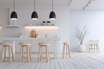 Minimalist white kitchen with wooden bar stools and black pendant lights