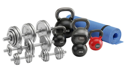 Fitness Equipment Collection Featuring Dumbbells Kettlebells and Yoga Mat for Strength Training and Exercise on Transparent Background