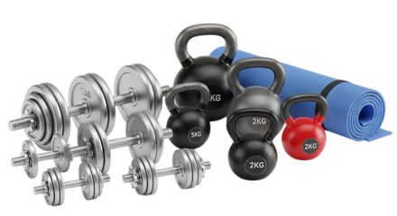 Fitness Equipment Collection Featuring Dumbbells Kettlebells and Yoga Mat for Strength Training and Exercise on Transparent Background