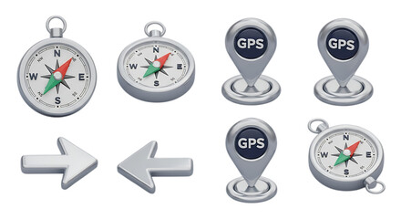 Navigation Tools with Compasses Arrows and GPS Location Markers Set Against a Clean Transparent Background for Versatile Applications