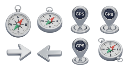 Navigation Tools with Compasses Arrows and GPS Location Markers Set Against a Clean Transparent Background for Versatile Applications