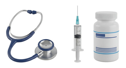Medical Equipment Showcase Stethoscope Syringe and Pill Bottle for Healthcare and Wellness Promotion with Black Background