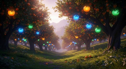 Enchanted Orange Grove Path Illuminated by Magical Glowing FruitLike Lanterns.