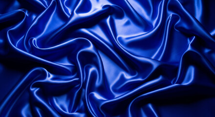Obraz premium Luxurious deep blue satin fabric with elegant, soft drapes and folds creating a rich abstract background. 