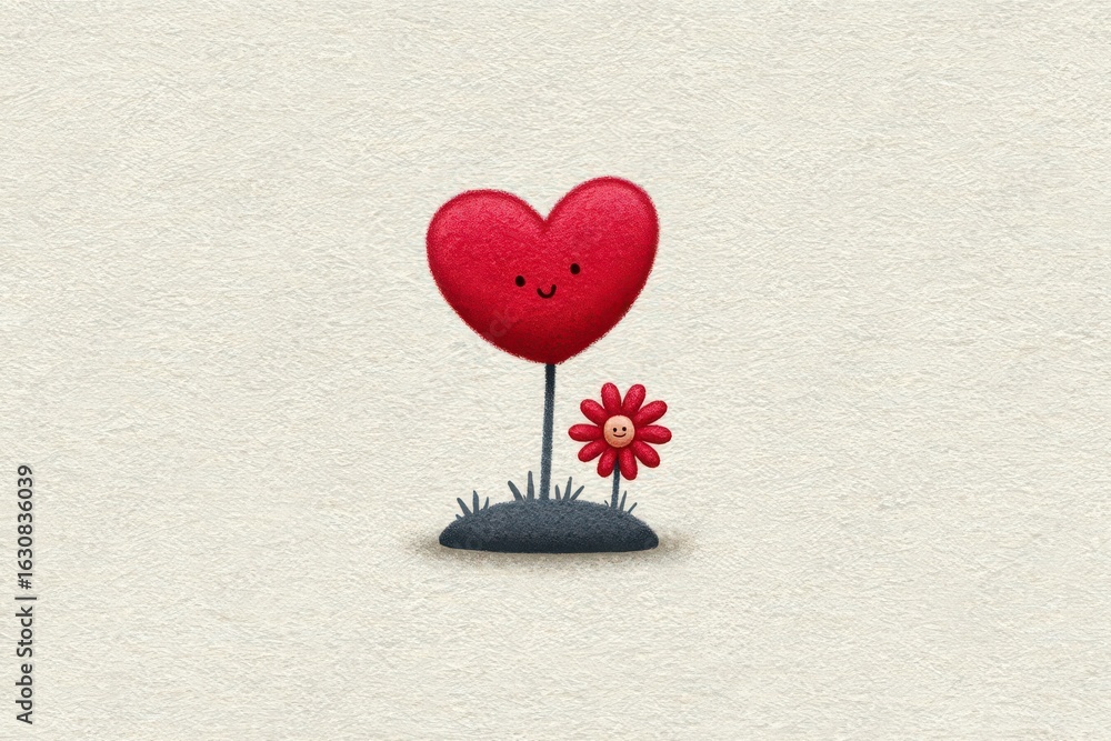 Poster charming playful heart-shaped figure adorned with a smiling flower sprouting from a grassy patch cre