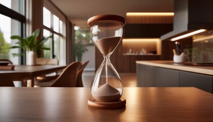 a classic hourglass with sand flowing through it sits centered on a polished wooden table in a softly lit modern interior space