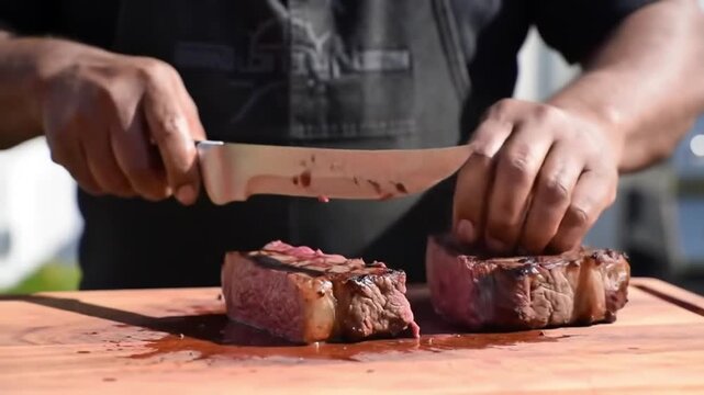 Close-up of a grill master cutting a perfectly grilled rib eye steak, juices dripping onto a wooden cutting board