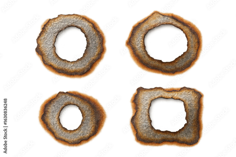 Aufkleber burnt paper shapes - round and square - forming textured frame against transparent backdrop