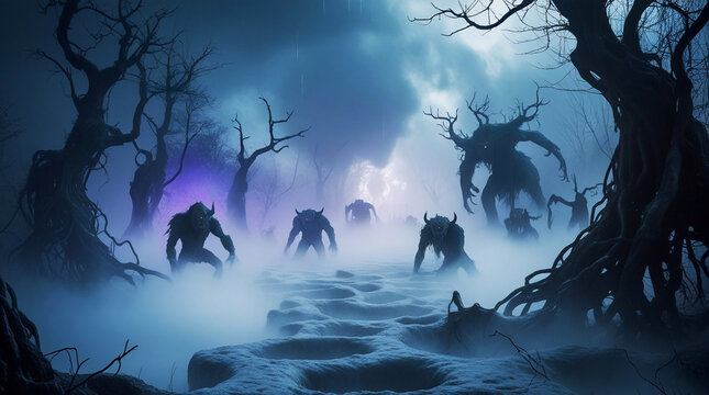 Sinister demonic creatures emerging from thick fog in a haunted forest with twisted trees under eerie moonlight