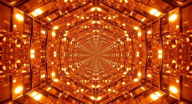 Infinite Hexagonal Tunnel of Warm Amber Lights and Reflective Surfaces.