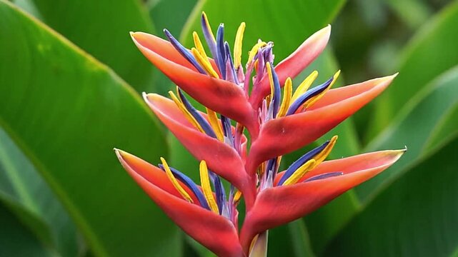 Heliconia flower closeup with red bracts blue and yellow stamens against a backdrop of lush green foliage