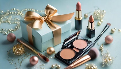 Gift box with makeup and festive decor