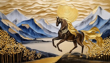 Golden horse and mountain landscape