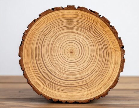 Detailed Wood Log Cross Section Featuring Concentric Growth Rings and Natural Texture on Wooden Surface